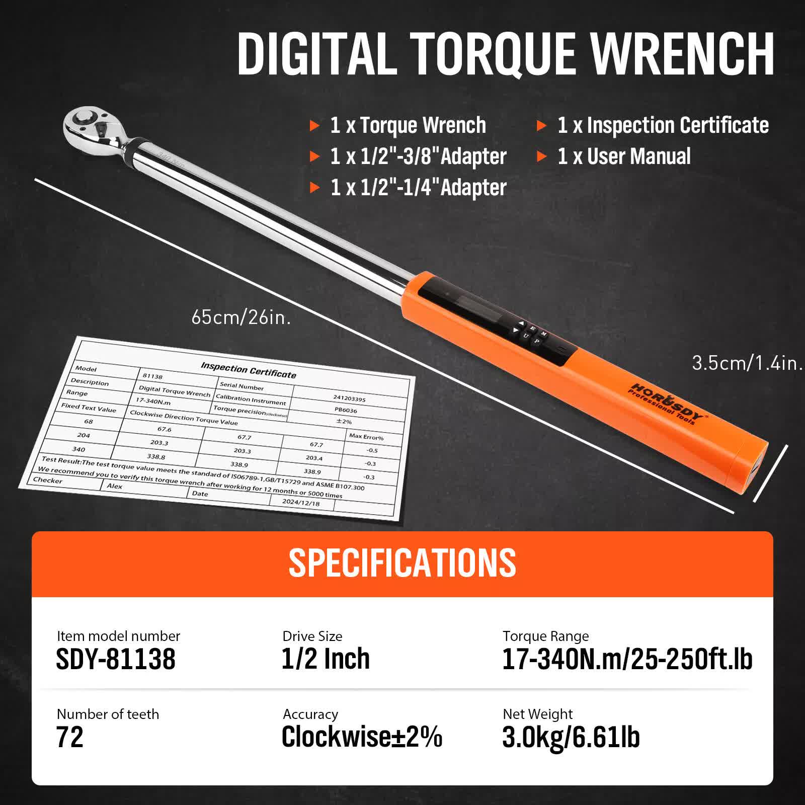 3Pc 1/2" Digital Torque Wrench Set Adjustable 17-340N.m / 25-250ft.lb Motorcycle V465-81138