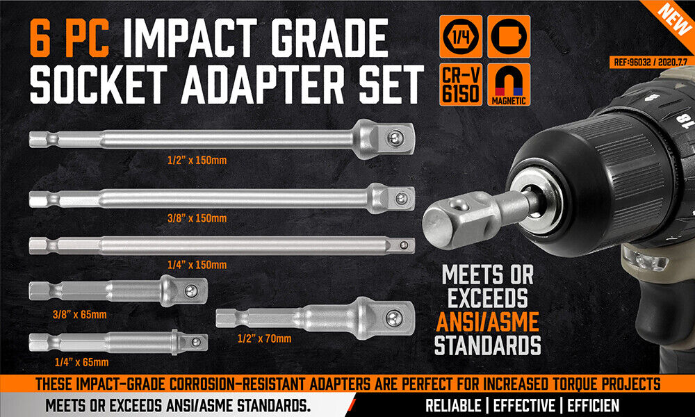 6Pc Drill Socket Adapter Set Long Short Combination Extension Impact Nut Driver V465-82001