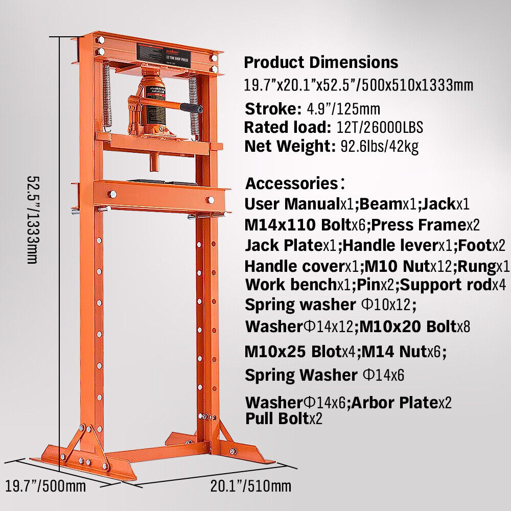 HORUSDY 12T Hydraulic Shop Press Bending H-Frame Benchtop Jack Stand Heavy Duty V465-82024-1