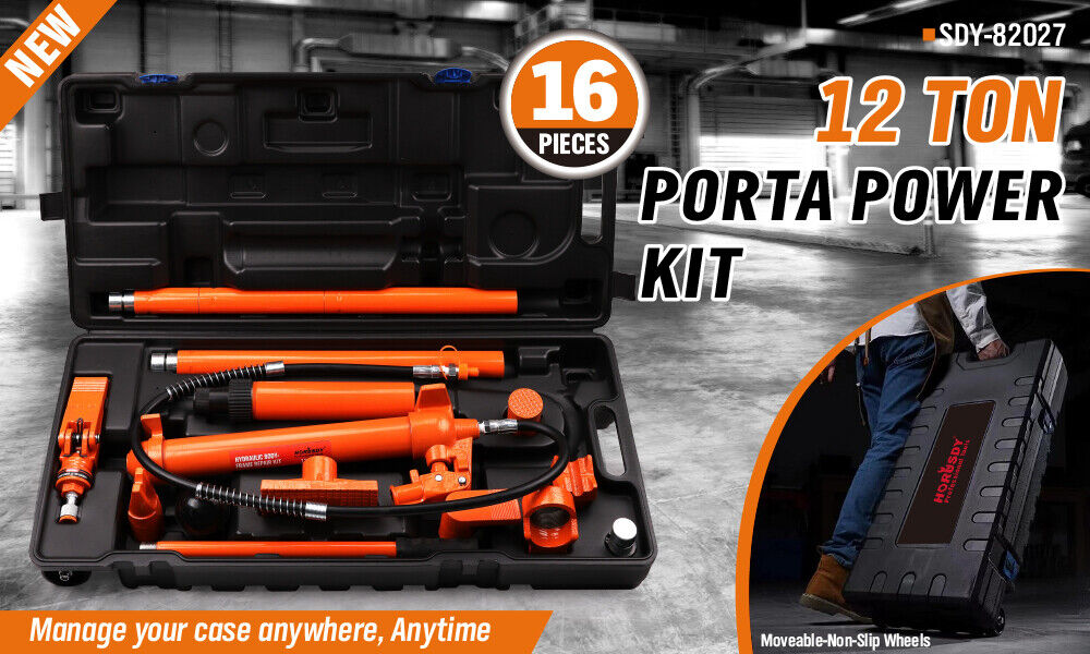 12T Porta Power Kit Hydraulic Ram Pump Oil Hose Automotive Body Repair Tool V465-82027