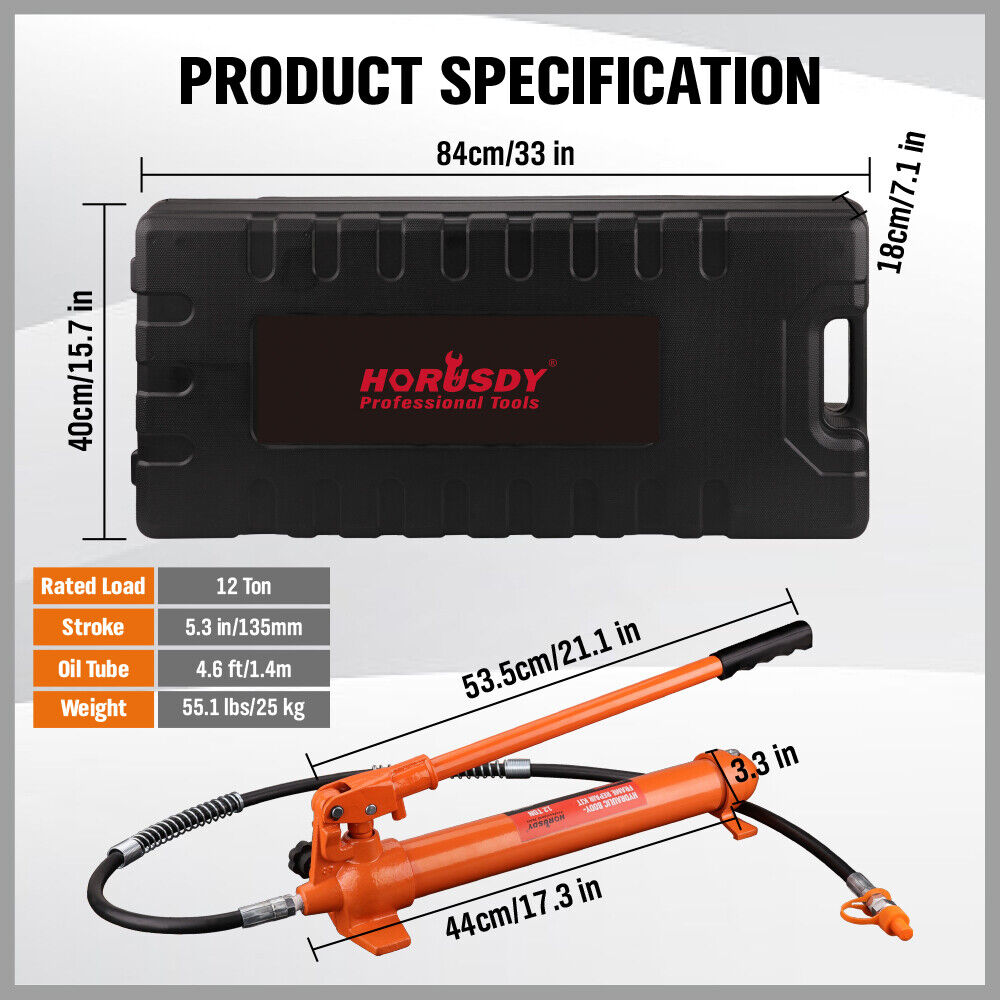 12T Porta Power Kit Hydraulic Ram Pump Oil Hose Automotive Body Repair Tool V465-82027