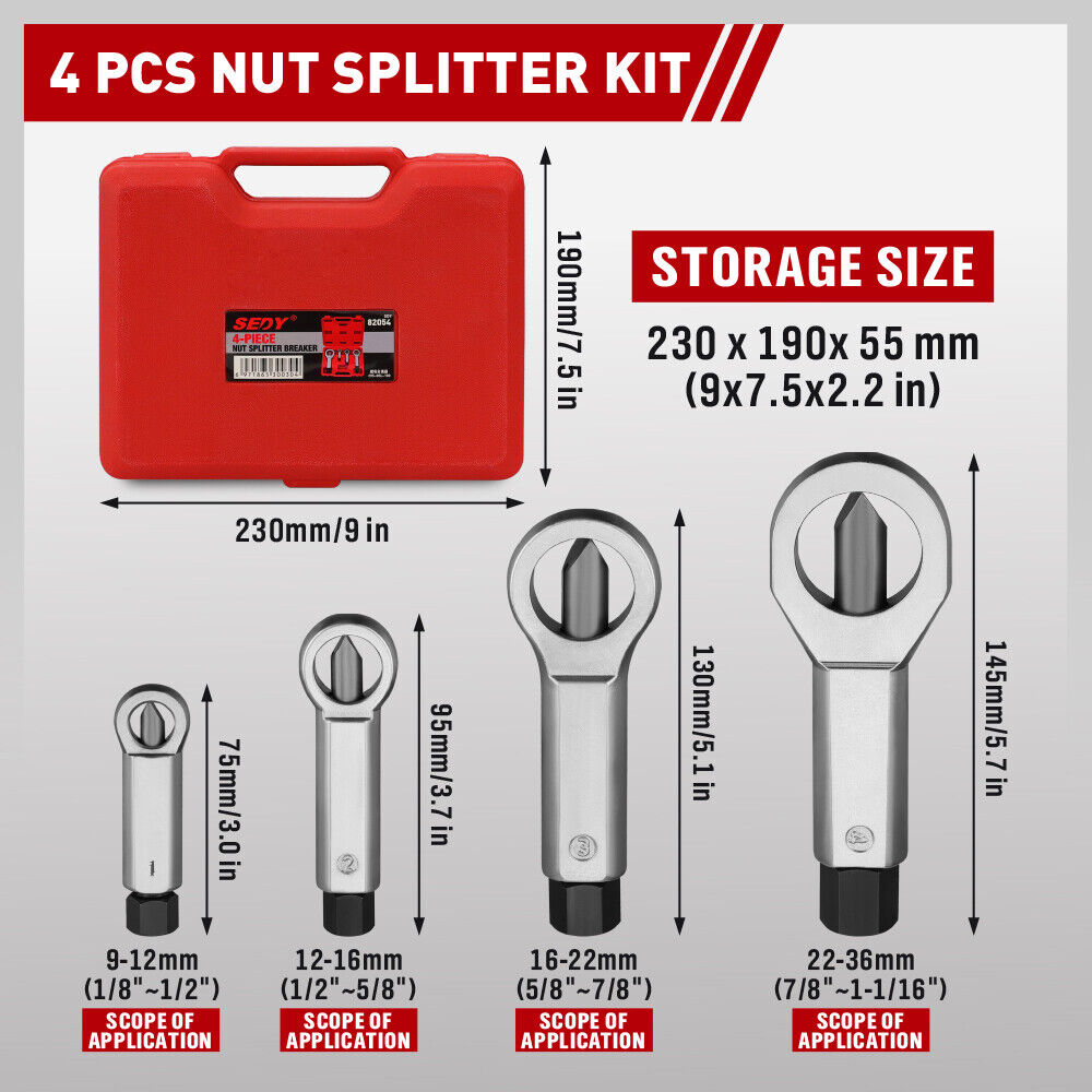 SEDY 4Pcs Metal Nut Splitter Kit Pressure Nut Cracker Remover Extractor Tool V465-82054