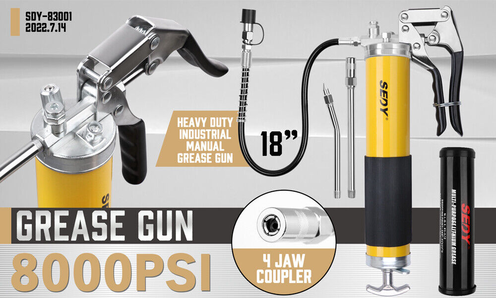 18inch Grease Gun 8000PSI Pistol Grip Flex Hose Heavy Duty Barrel With Cartridge V465-83001