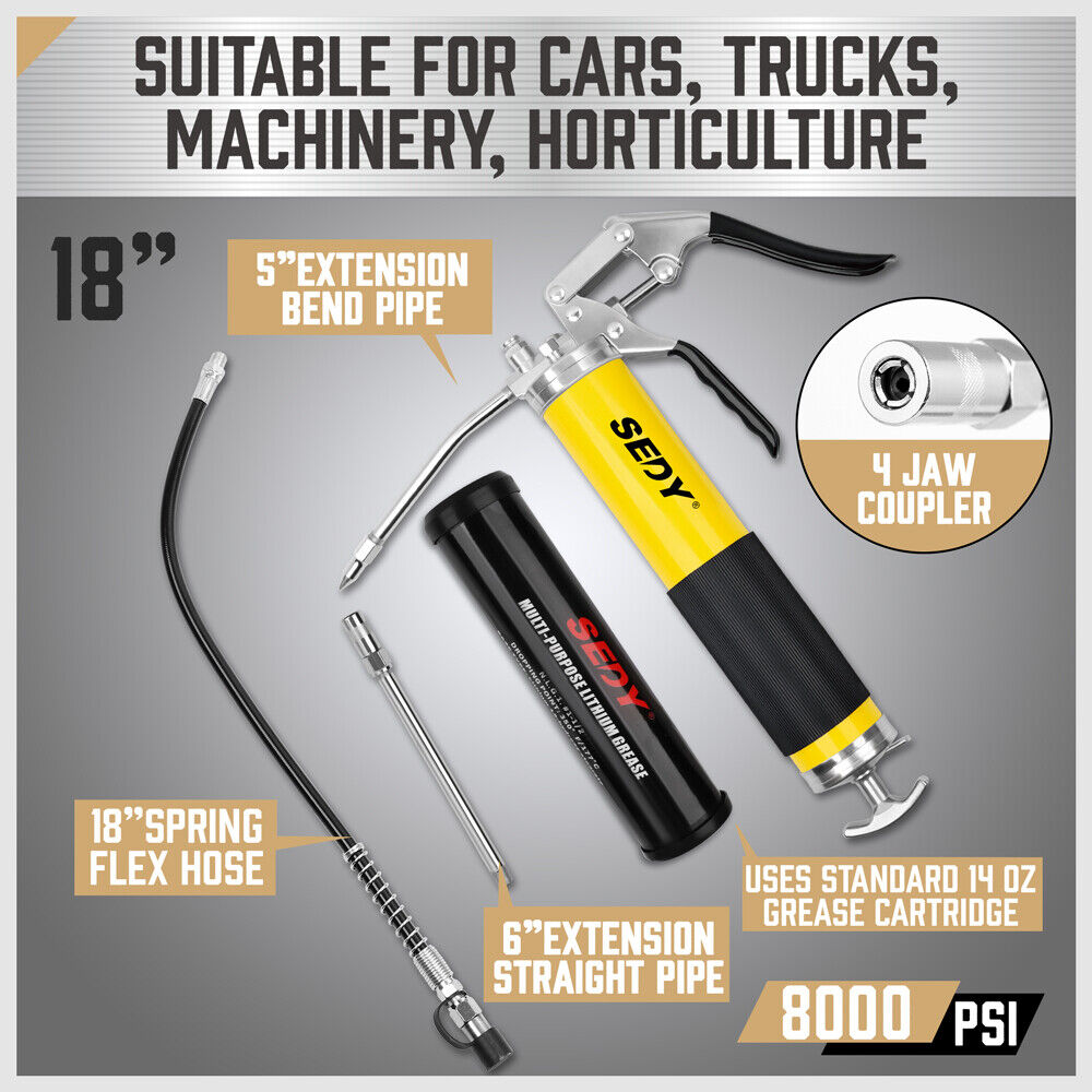 18inch Grease Gun 8000PSI Pistol Grip Flex Hose Heavy Duty Barrel With Cartridge V465-83001