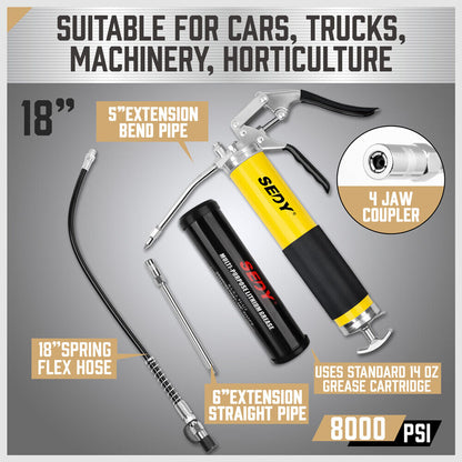 18inch Grease Gun 8000PSI Pistol Grip Flex Hose Heavy Duty Barrel With Cartridge V465-83001