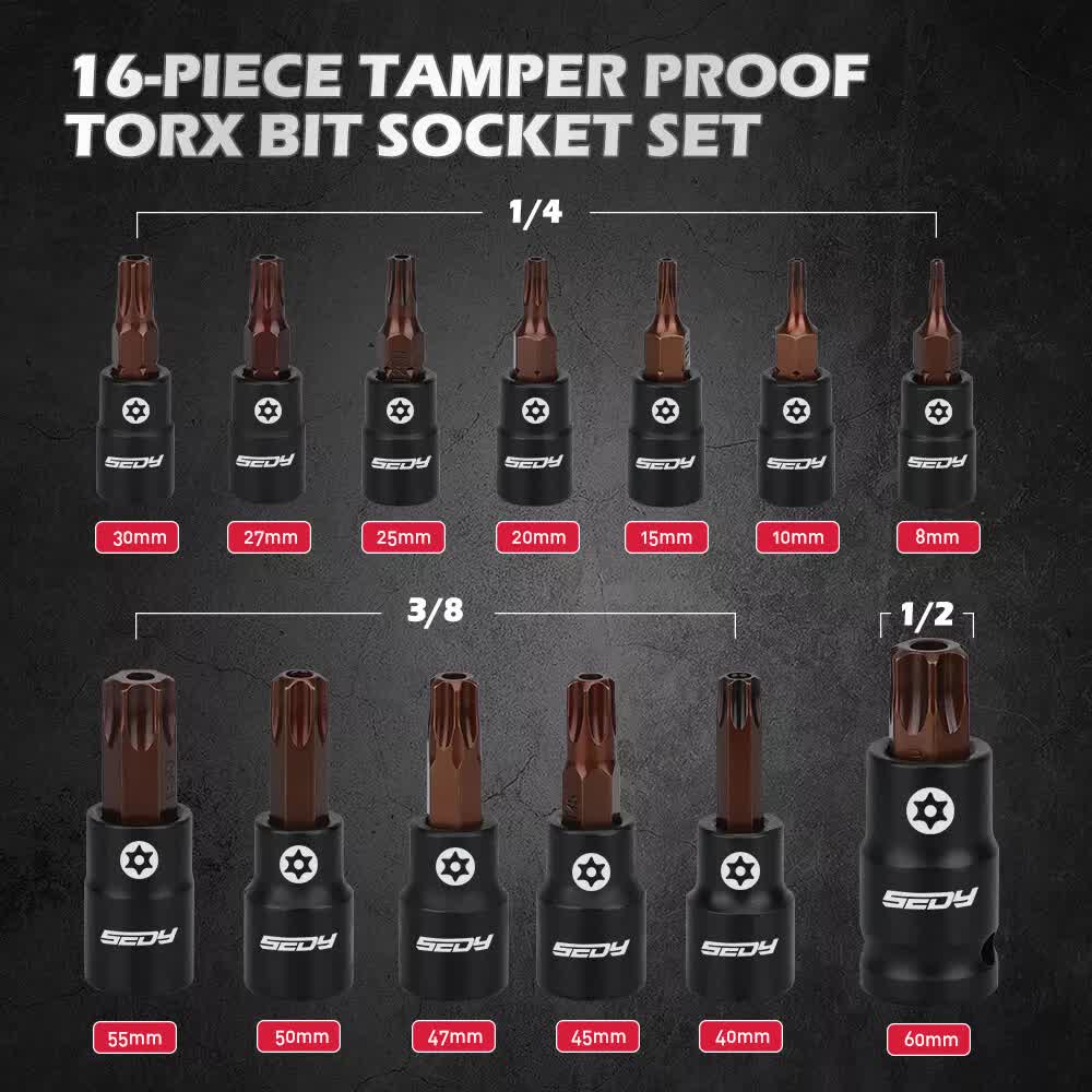 16-Piece Torx Star Bit Socket Set Magnetic Socket Rail Organizer T8-T60 Adapters V465-84081