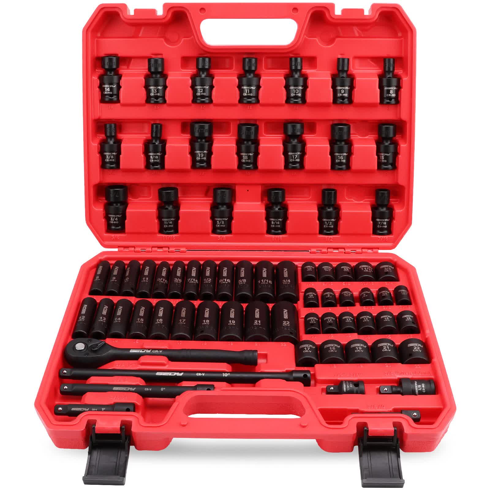 71-Pieces 3/8" Drive Master Impact Socket Set SAE Metric Universal Joint Adapter V465-84100