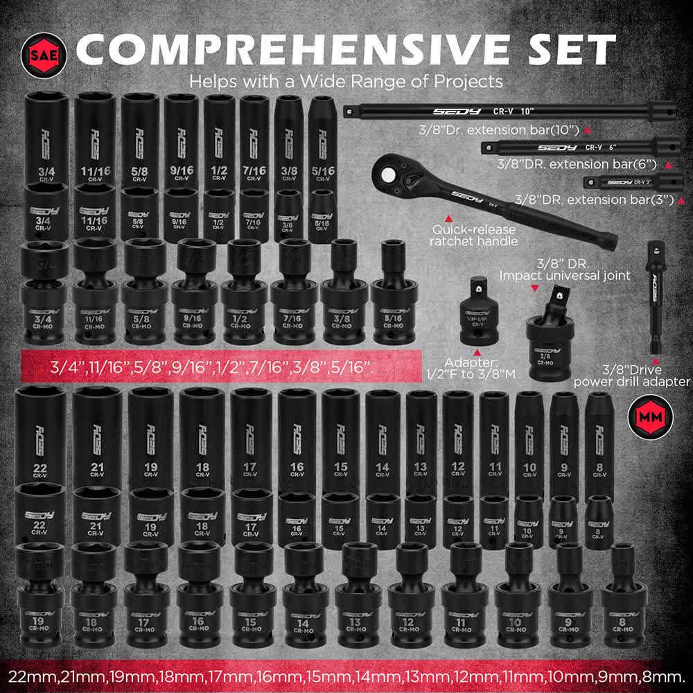 71-Pieces 3/8" Drive Master Impact Socket Set SAE Metric Universal Joint Adapter V465-84100