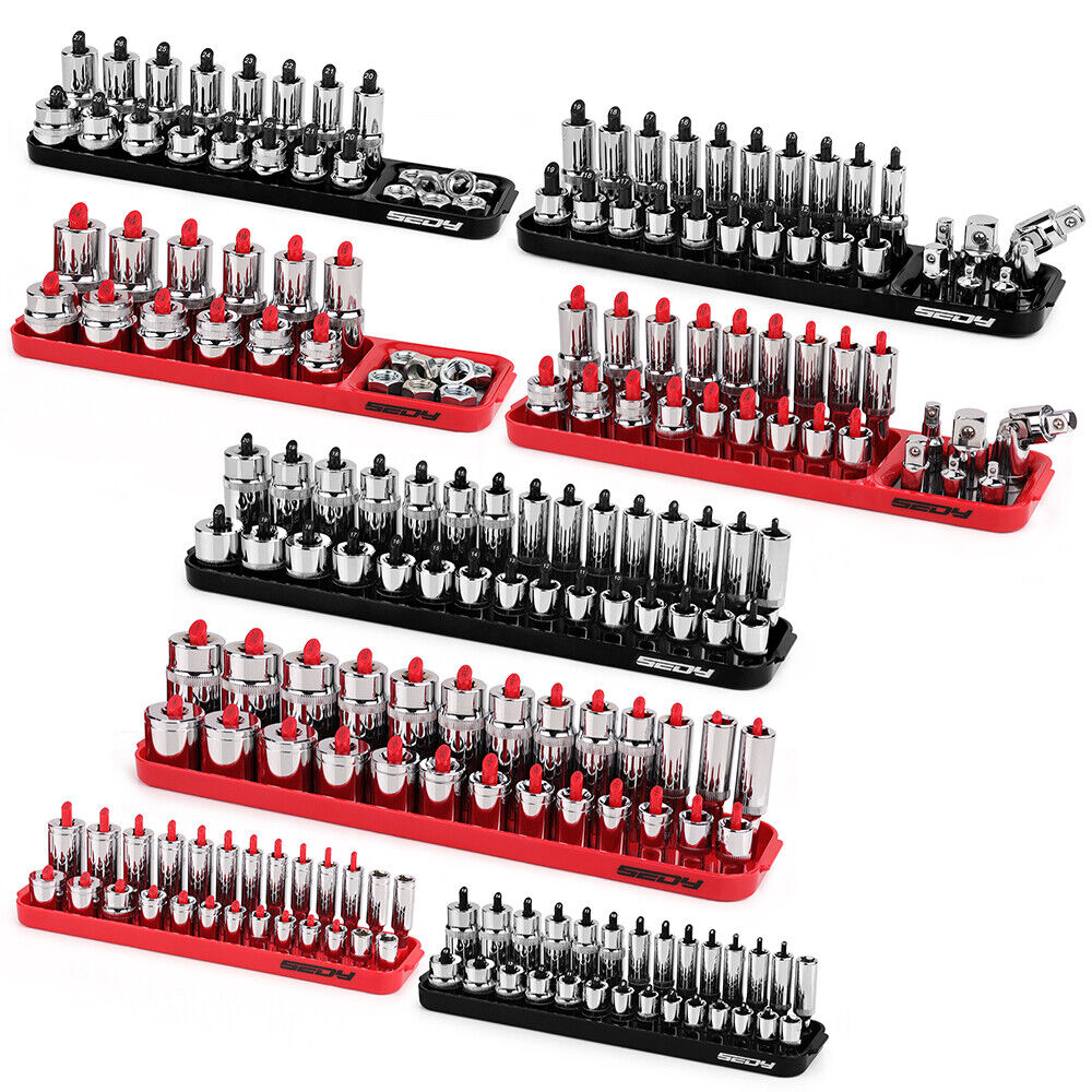 SEDY 8Pcs Magnetic Socket Organizer Tray Metric SAE Sockets Storage Holder Tool V465-85003