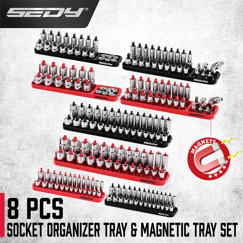 SEDY 8Pcs Magnetic Socket Organizer Tray Metric SAE Sockets Storage Holder Tool V465-85003