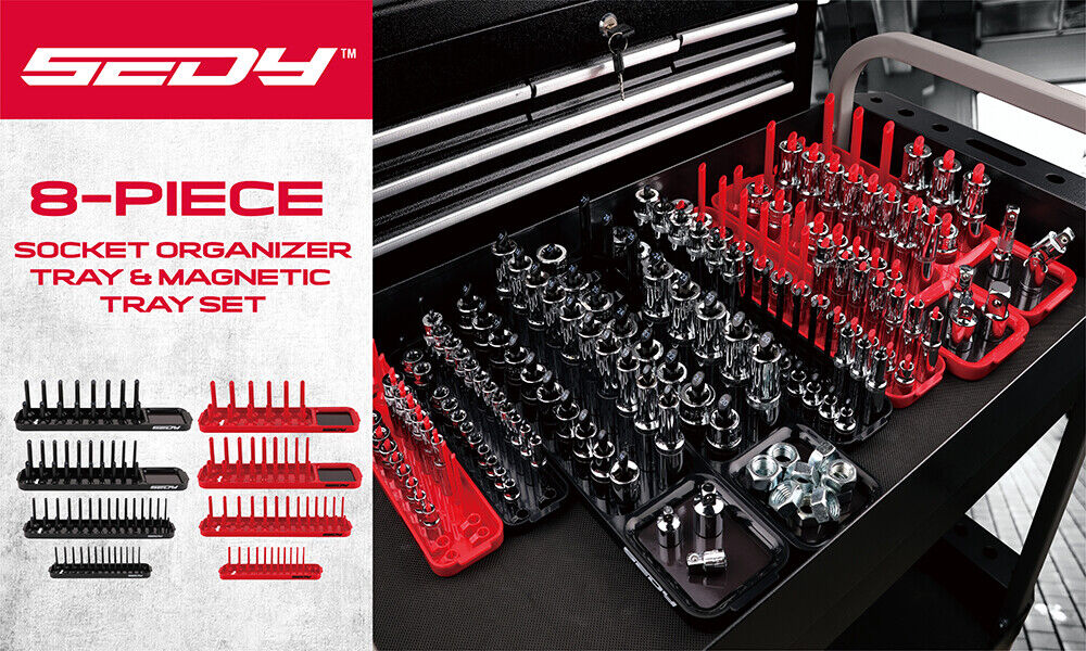 SEDY 8Pcs Magnetic Socket Organizer Tray Metric SAE Sockets Storage Holder Tool V465-85003