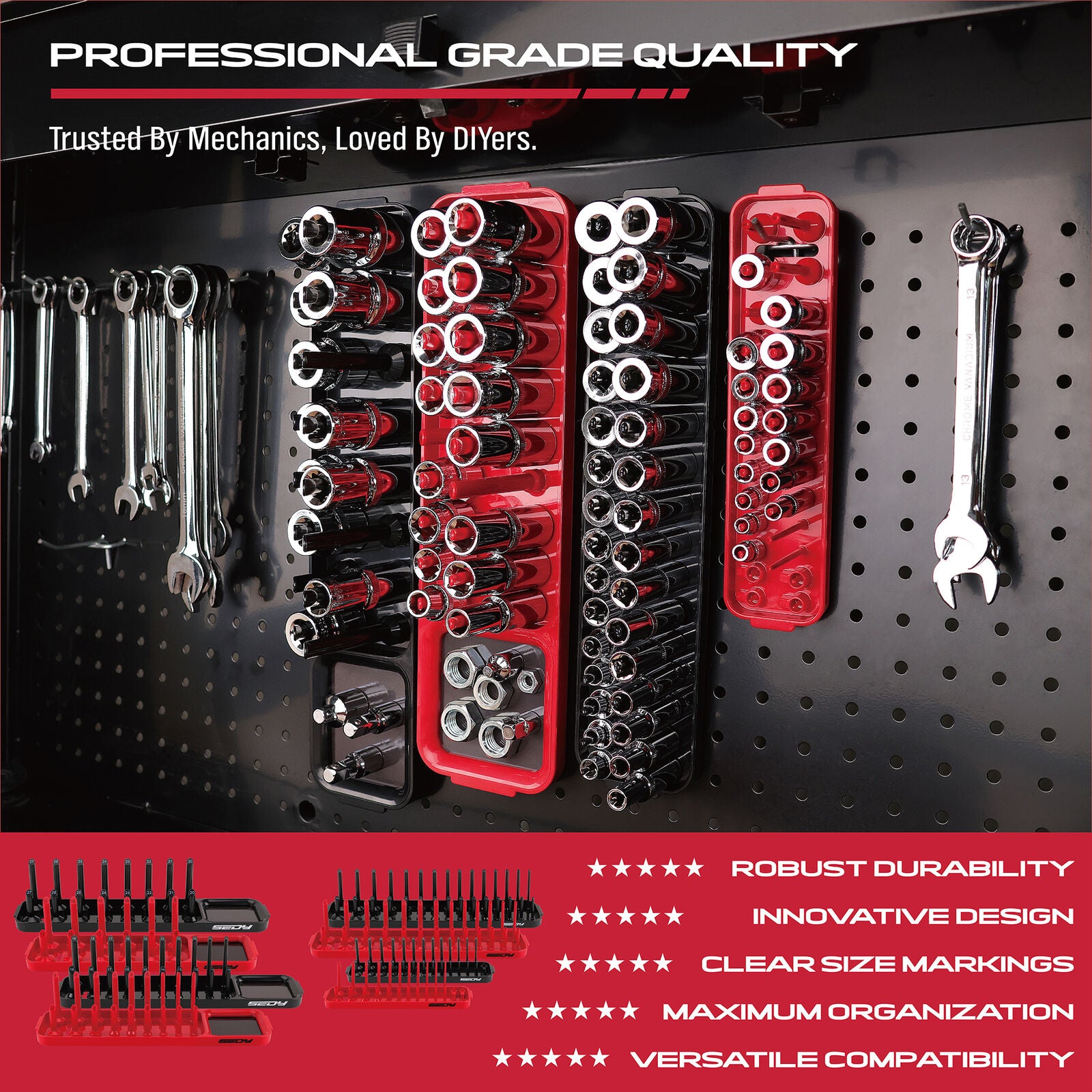 SEDY 8Pcs Magnetic Socket Organizer Tray Metric SAE Sockets Storage Holder Tool V465-85003