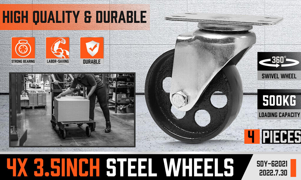 4Pc 3.5'' Heavy Duty Steel Castor Wheel Swivel Caster 500KG/EA Loading Capacity V465-86024