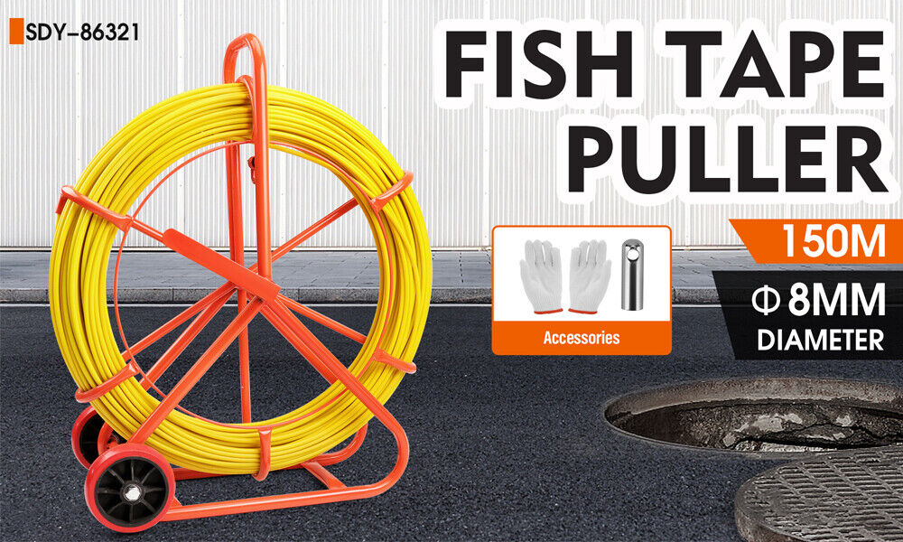 150Mx8MM Fish Tape Puller Fiberglass Wire Cable Running Duct Rodder Heavy Duty V465-86321