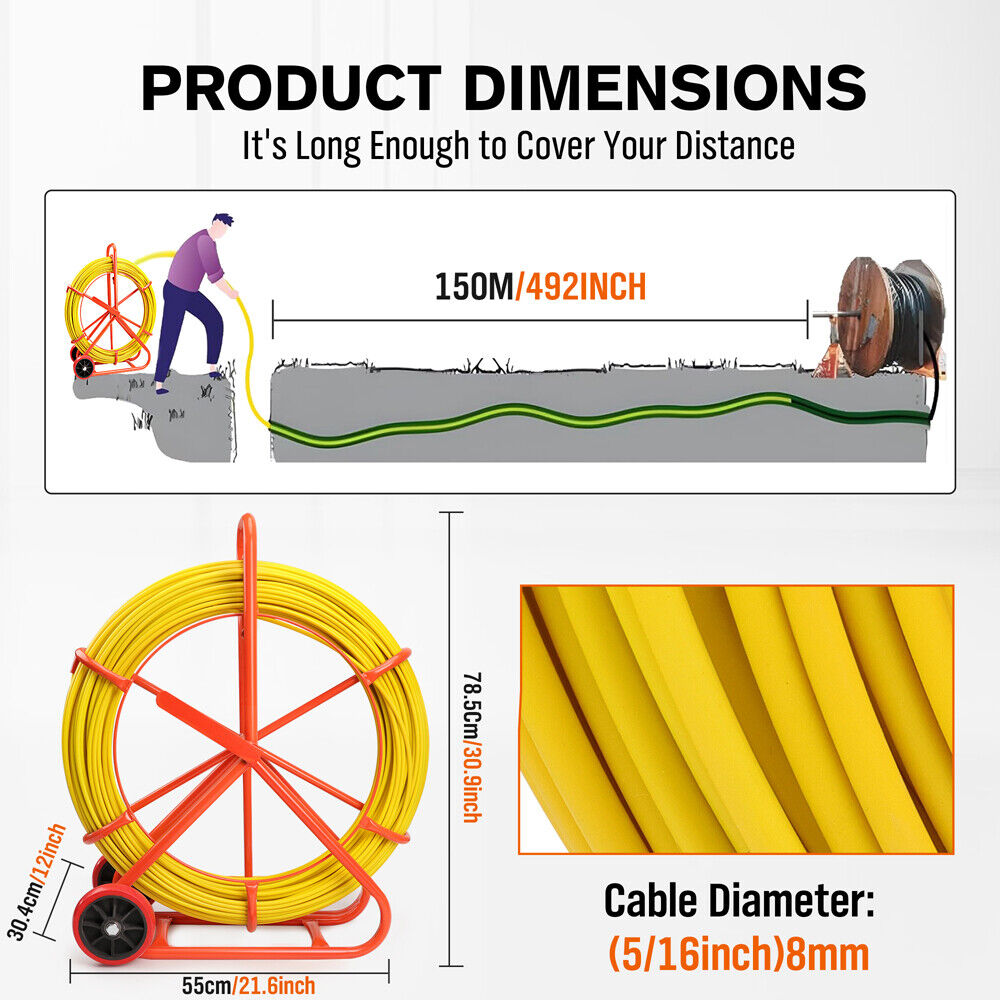 150Mx8MM Fish Tape Puller Fiberglass Wire Cable Running Duct Rodder Heavy Duty V465-86321