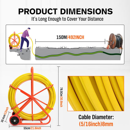150Mx8MM Fish Tape Puller Fiberglass Wire Cable Running Duct Rodder Heavy Duty V465-86321