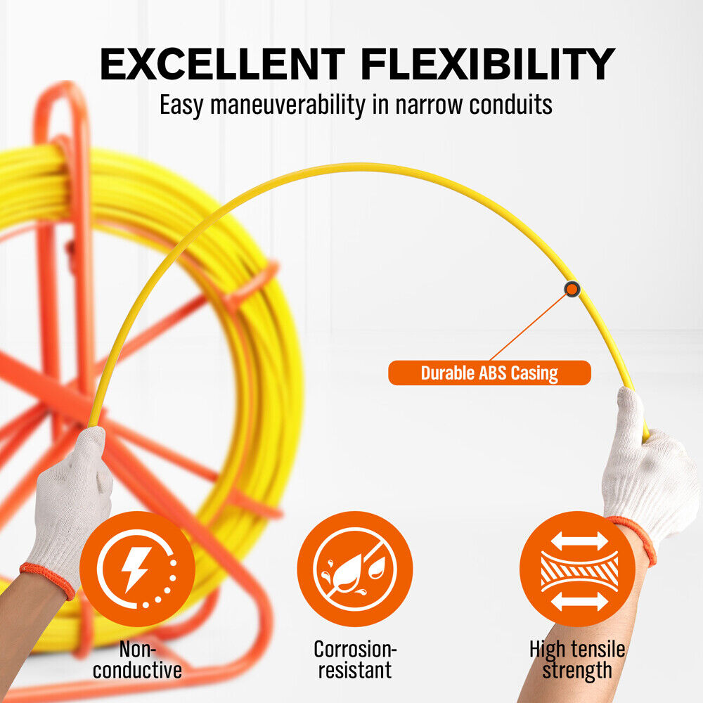 150Mx8MM Fish Tape Puller Fiberglass Wire Cable Running Duct Rodder Heavy Duty V465-86321