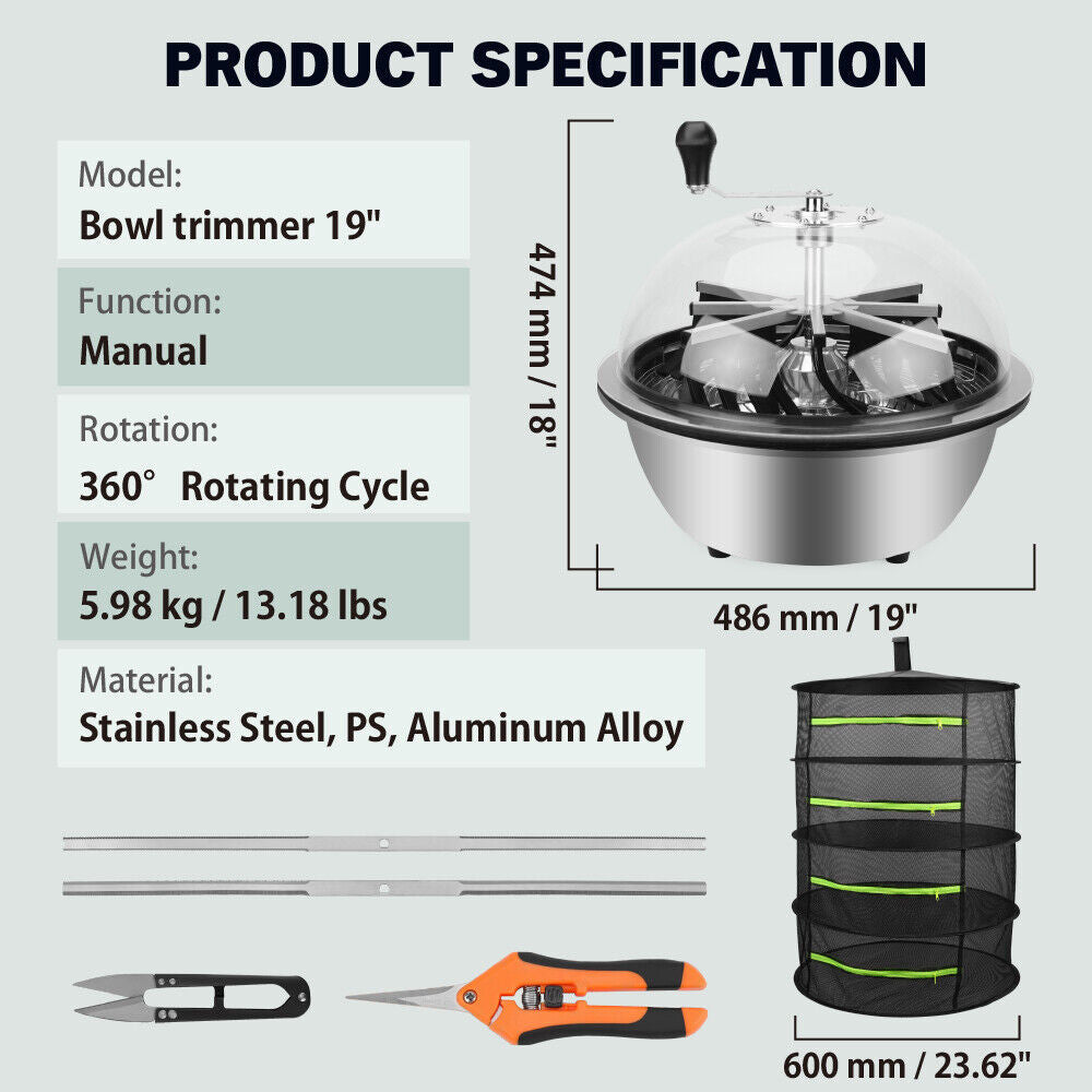 19 inch Bud Leaf Bowl Trimmer Tumble Stainless Steel Blades Twisted Spin Cut V465-86337
