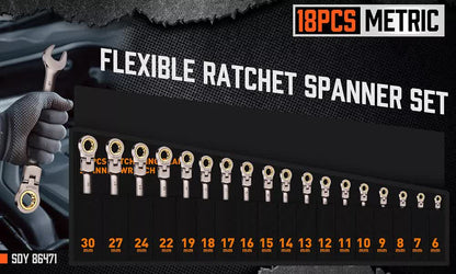 HORUSDY 18Pc Flexi-Head Ratchet Spanner Set Metric 6-30mm Spanners Nickle Plated V465-86471