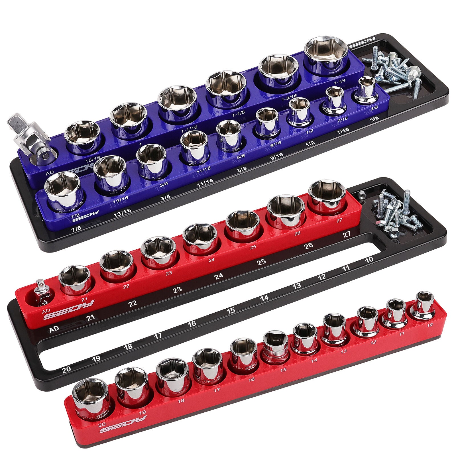 SEDY 2Pc Magnetic Socket Organizer 1/2 Drive Metric SAE Sockets Storage Holder V465-87039
