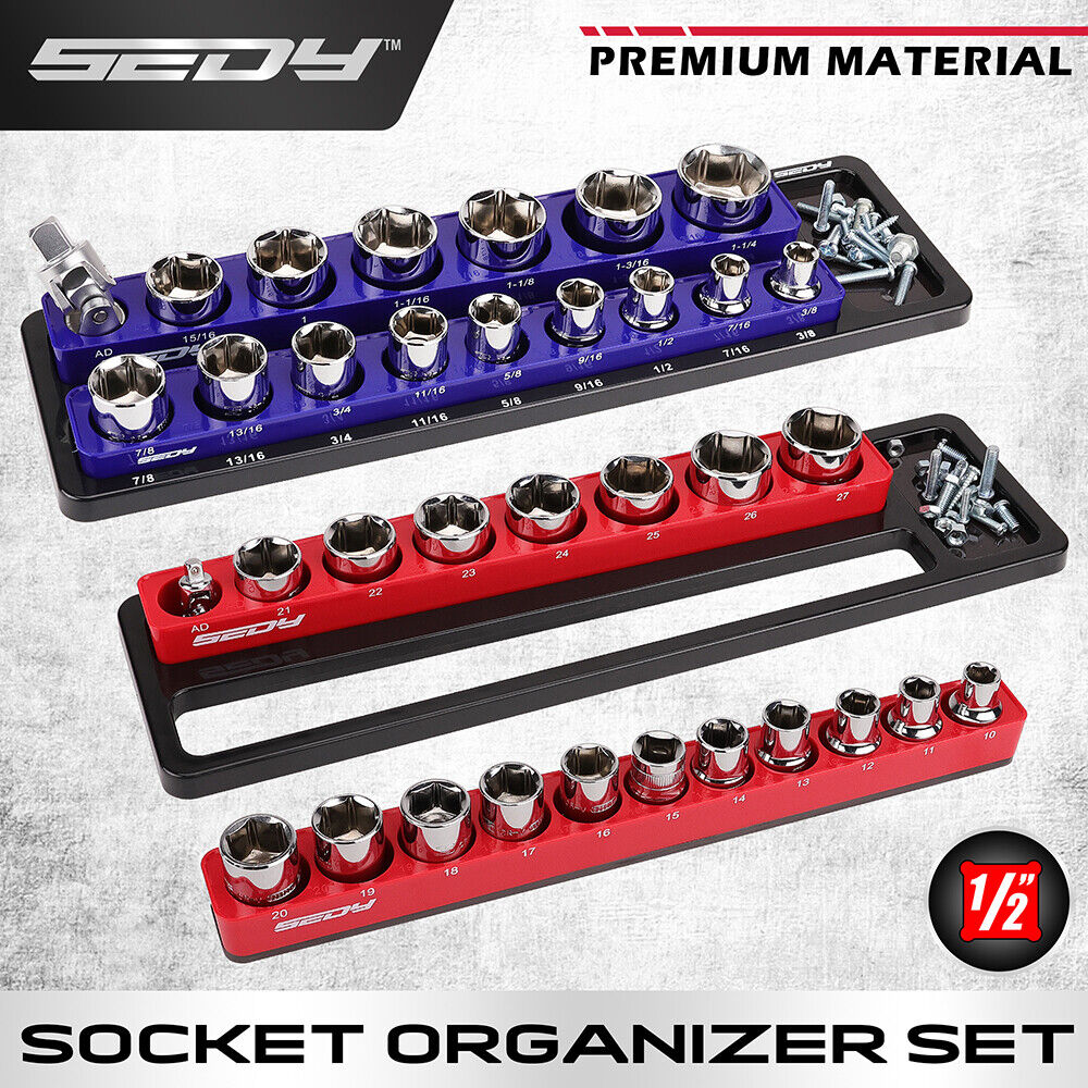 SEDY 2Pc Magnetic Socket Organizer 1/2 Drive Metric SAE Sockets Storage Holder V465-87039