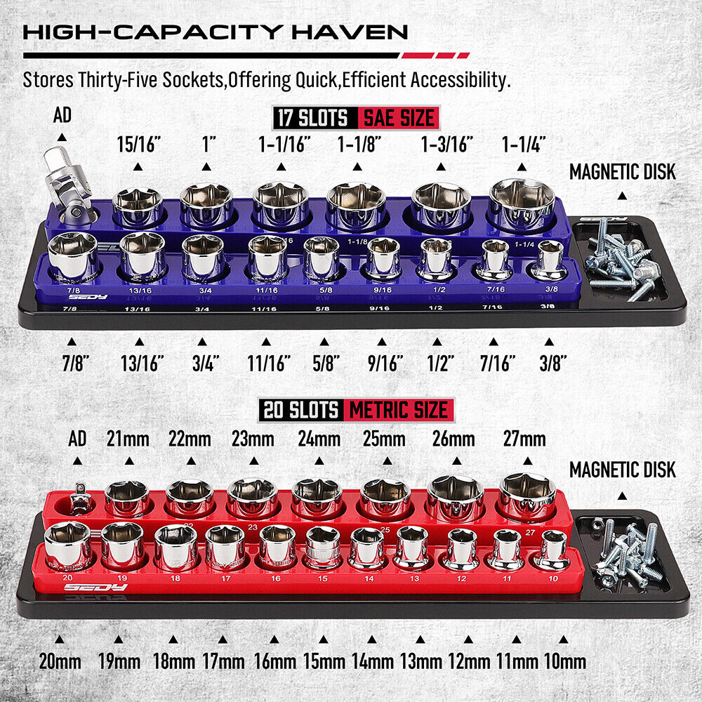 SEDY 2Pc Magnetic Socket Organizer 1/2 Drive Metric SAE Sockets Storage Holder V465-87039