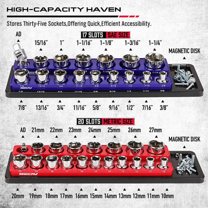 SEDY 2Pc Magnetic Socket Organizer 1/2 Drive Metric SAE Sockets Storage Holder V465-87039