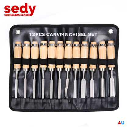 12Pc Wood Carving Chisel Set Knife High Carbon Steel Woodworking Rolling Pouch V465-87412-AU-2