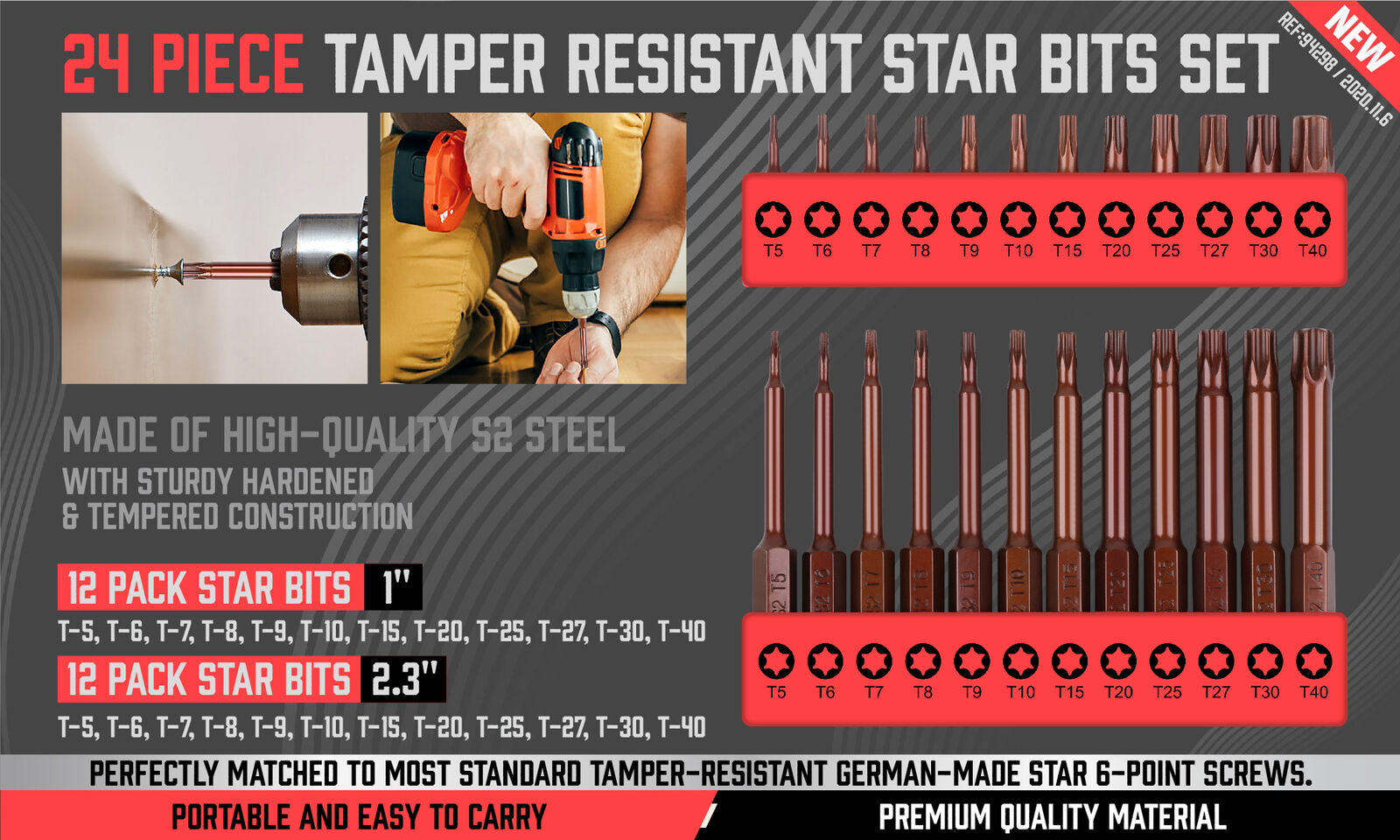 24Pc Torx Bit Set Star Head Screwdriver Bit Long Security Temper Proof T5-T40 V465-88008