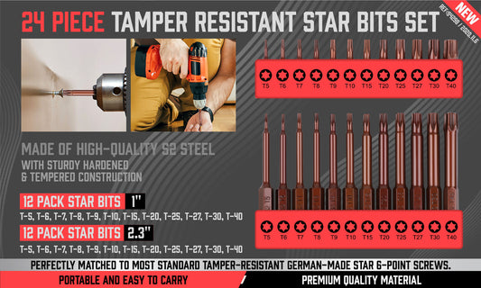 24Pc Torx Bit Set Star Head Screwdriver Bit Long Security Temper Proof T5-T40 V465-88008