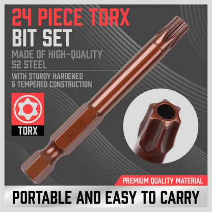 24Pc Torx Bit Set Star Head Screwdriver Bit Long Security Temper Proof T5-T40 V465-88008