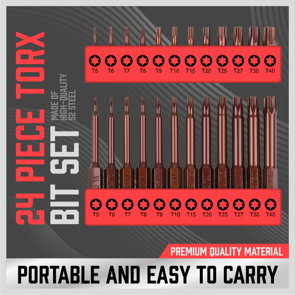 24Pc Torx Bit Set Star Head Screwdriver Bit Long Security Temper Proof T5-T40 V465-88008