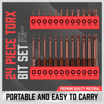24Pc Torx Bit Set Star Head Screwdriver Bit Long Security Temper Proof T5-T40 V465-88008