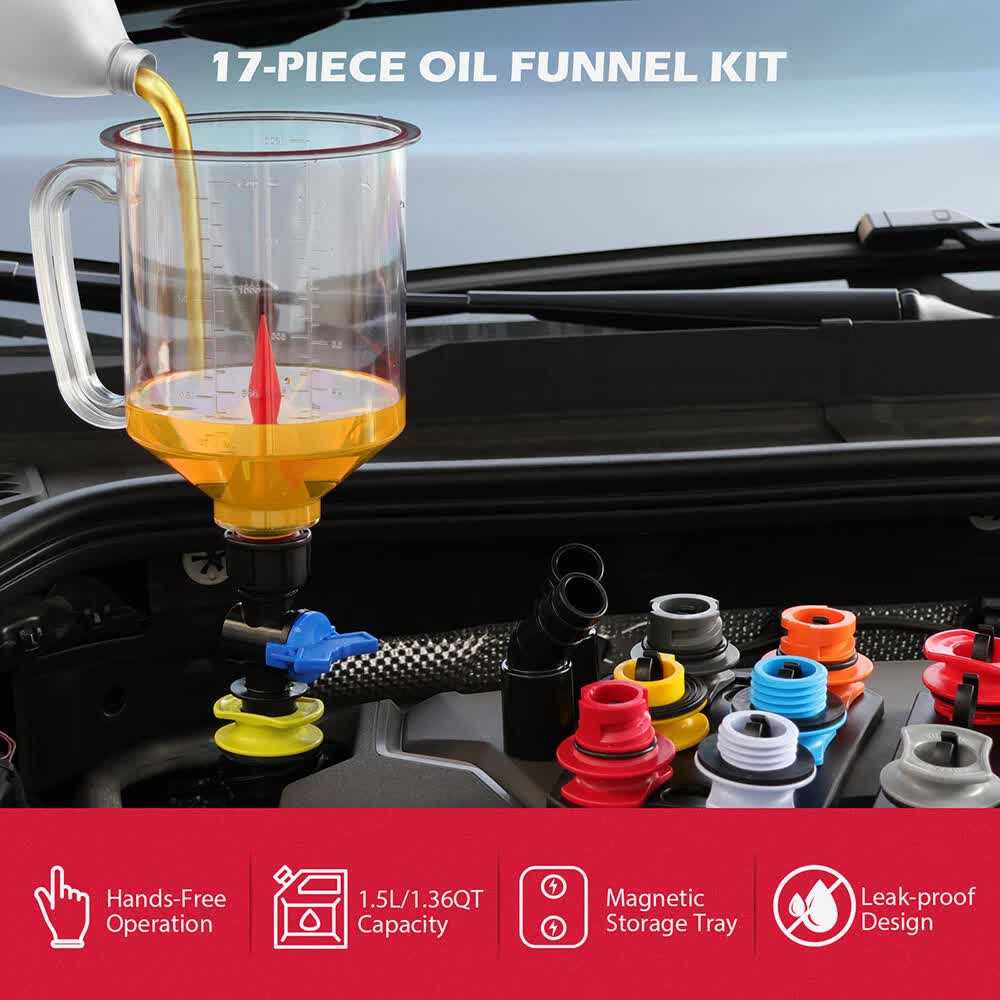 17-Piece Engine Oil Funnel Set 12 Adapters Elbow Fitting Magnetic Storage Tray V465-88044