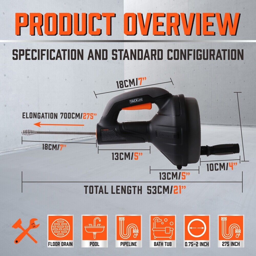 Drain Auger Drain Cleaner Unblocker Auger Sewage Pipe Cleaning Plumbing Tool V465-90527-AU-2