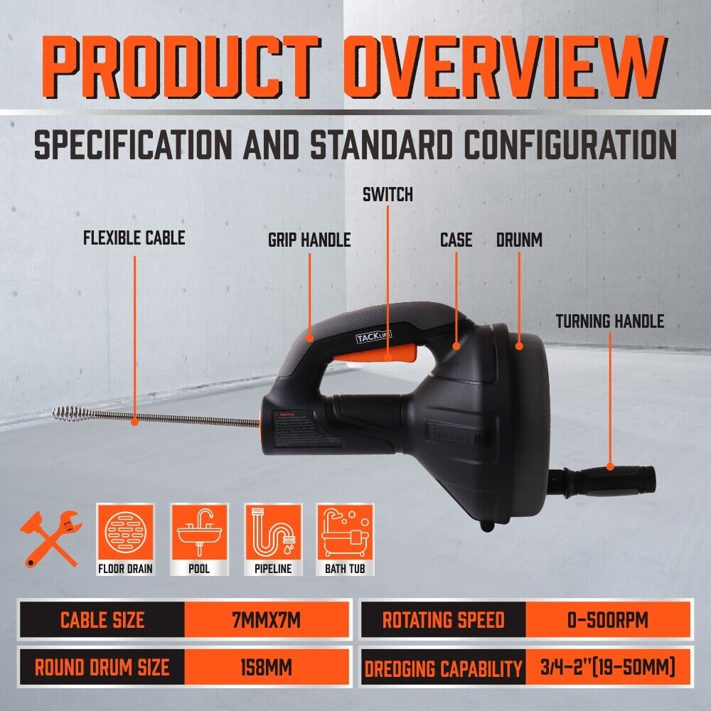 Drain Auger Drain Cleaner Unblocker Auger Sewage Pipe Cleaning Plumbing Tool V465-90527-AU-2
