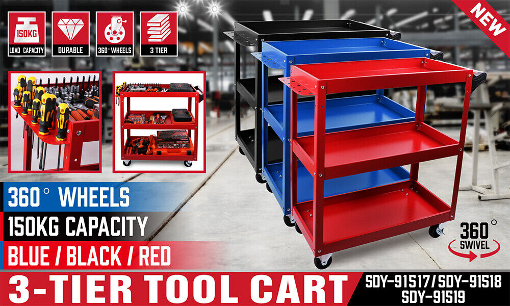 Red 3-Tier Tool Cart Trolley Toolbox Workshop Garage Storage 150KG Organizer Garage V465-91517