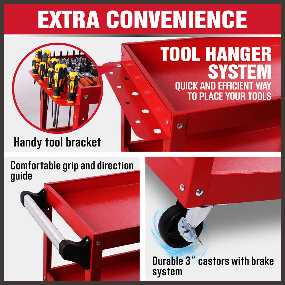 Red 3-Tier Tool Cart Trolley Toolbox Workshop Garage Storage 150KG Organizer Garage V465-91517