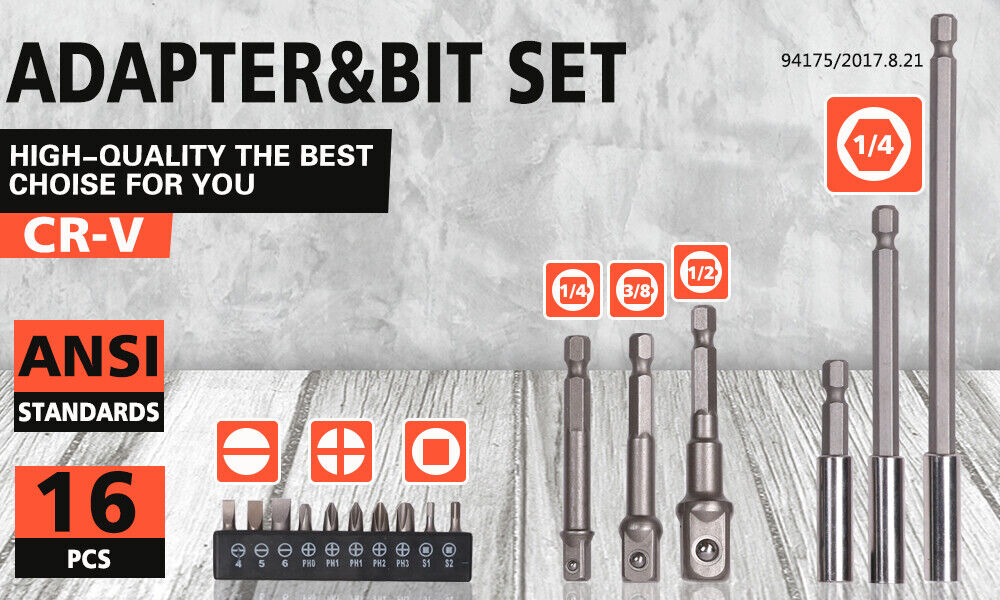 16Pc Socket Bit Adaptor Set Power Drill Nut Driver Extension Screwdriver Bits V465-94175