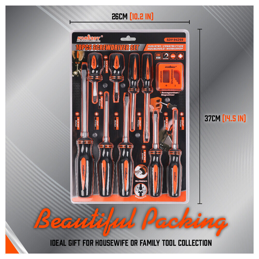 10Pcs Magnetic Screwdriver Set Phillips Slotted Magnetizer Non-Slip Handle Tool V465-94299-SDY