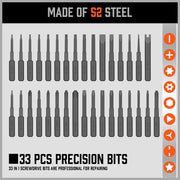 33 PC PRECISION SCREWDRIVER SET BITS PHILIP FLAT SLOTTED TORX HEX ELECTRONIC FIX V465-94359