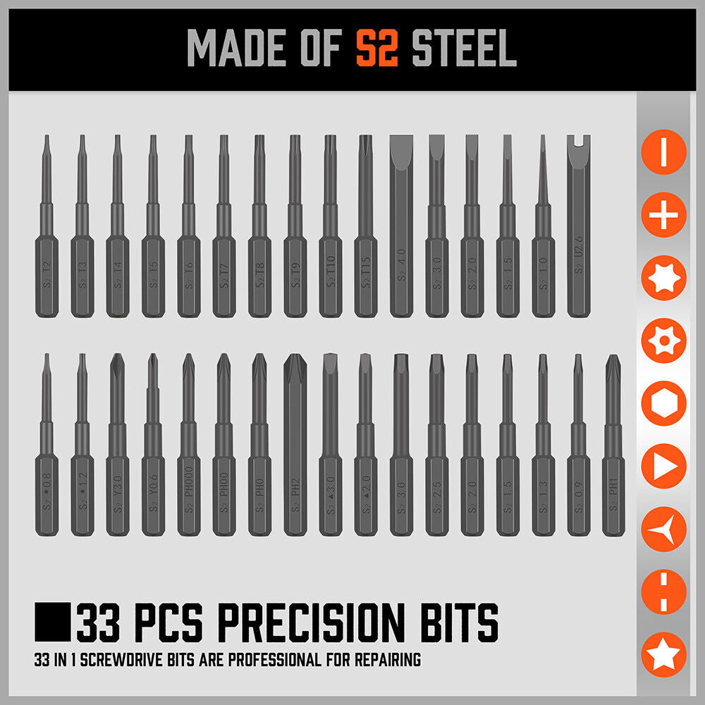 33 PC PRECISION SCREWDRIVER SET BITS PHILIP FLAT SLOTTED TORX HEX ELECTRONIC FIX V465-94359