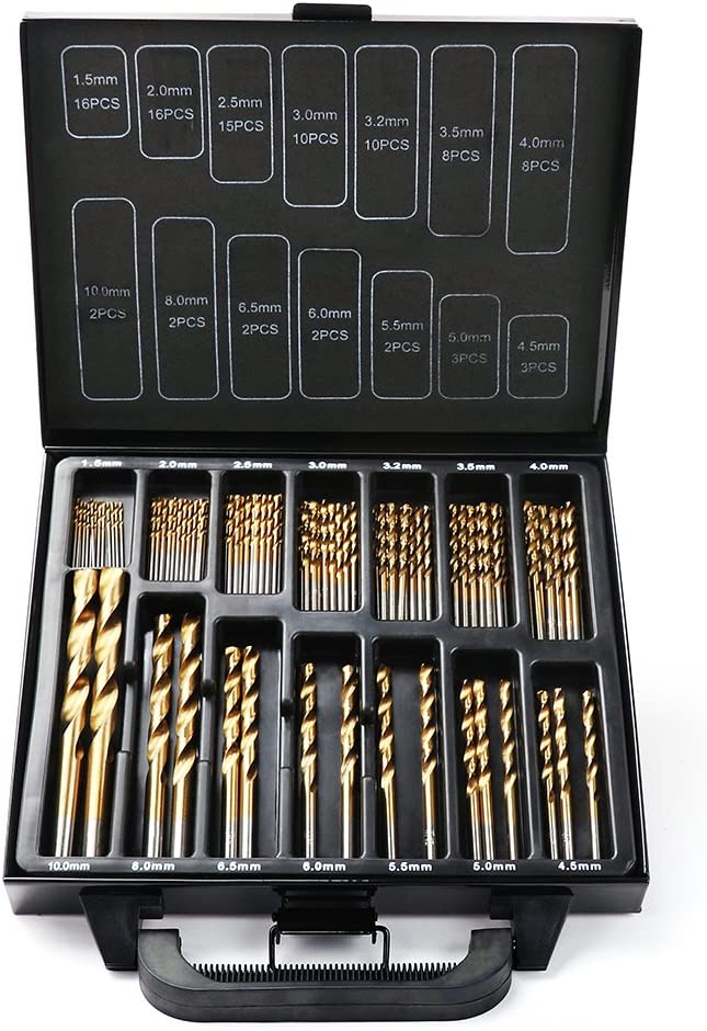 99Pc Drills Set HSS Titanium Coated Wood Plastic Metal Metric 1.5-10mm With Case V465-94370