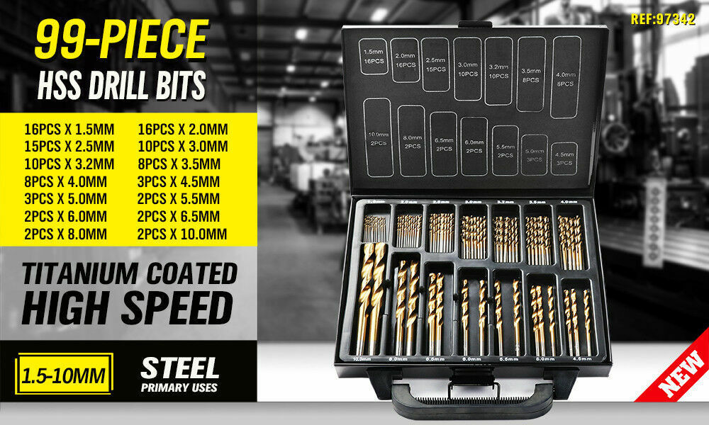 99Pc Drills Set HSS Titanium Coated Wood Plastic Metal Metric 1.5-10mm With Case V465-94370