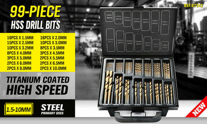 99Pc Drills Set HSS Titanium Coated Wood Plastic Metal Metric 1.5-10mm With Case V465-94370