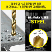99Pc Drills Set HSS Titanium Coated Wood Plastic Metal Metric 1.5-10mm With Case V465-94370