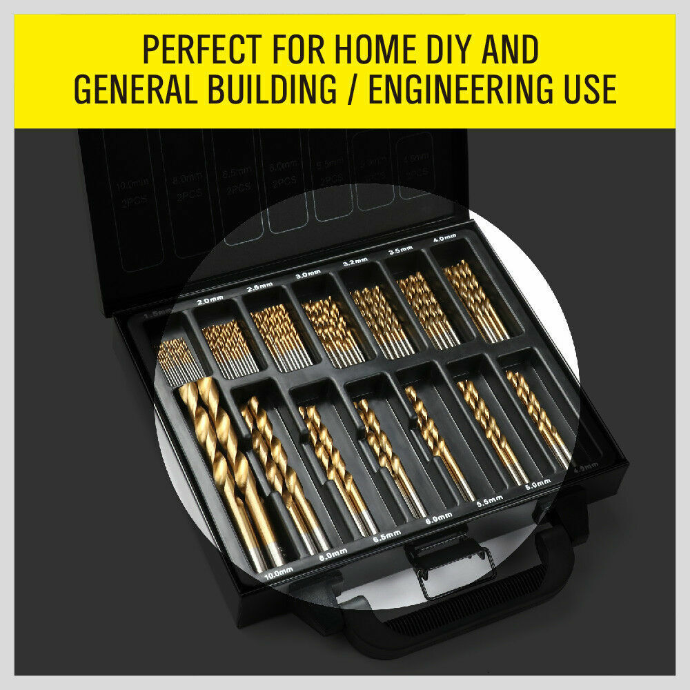 99Pc Drills Set HSS Titanium Coated Wood Plastic Metal Metric 1.5-10mm With Case V465-94370