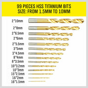 99Pc Drills Set HSS Titanium Coated Wood Plastic Metal Metric 1.5-10mm With Case V465-94370