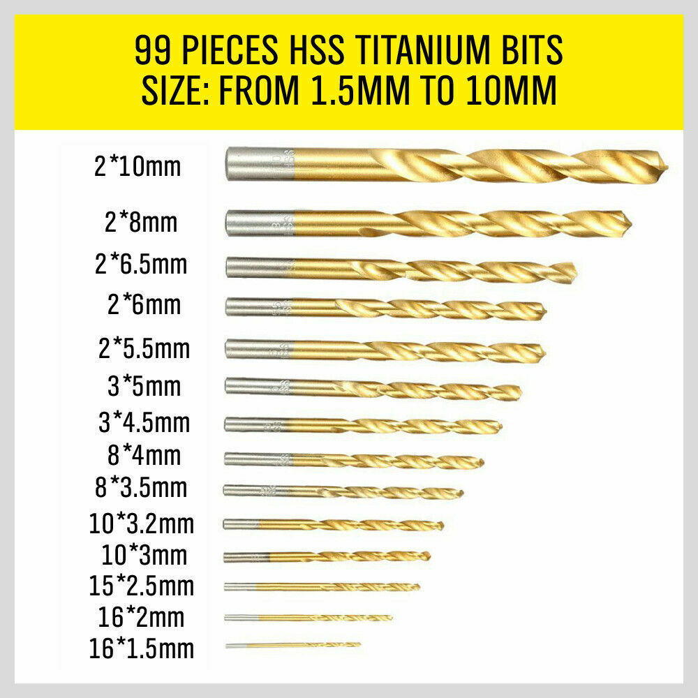 99Pc Drills Set HSS Titanium Coated Wood Plastic Metal Metric 1.5-10mm With Case V465-94370