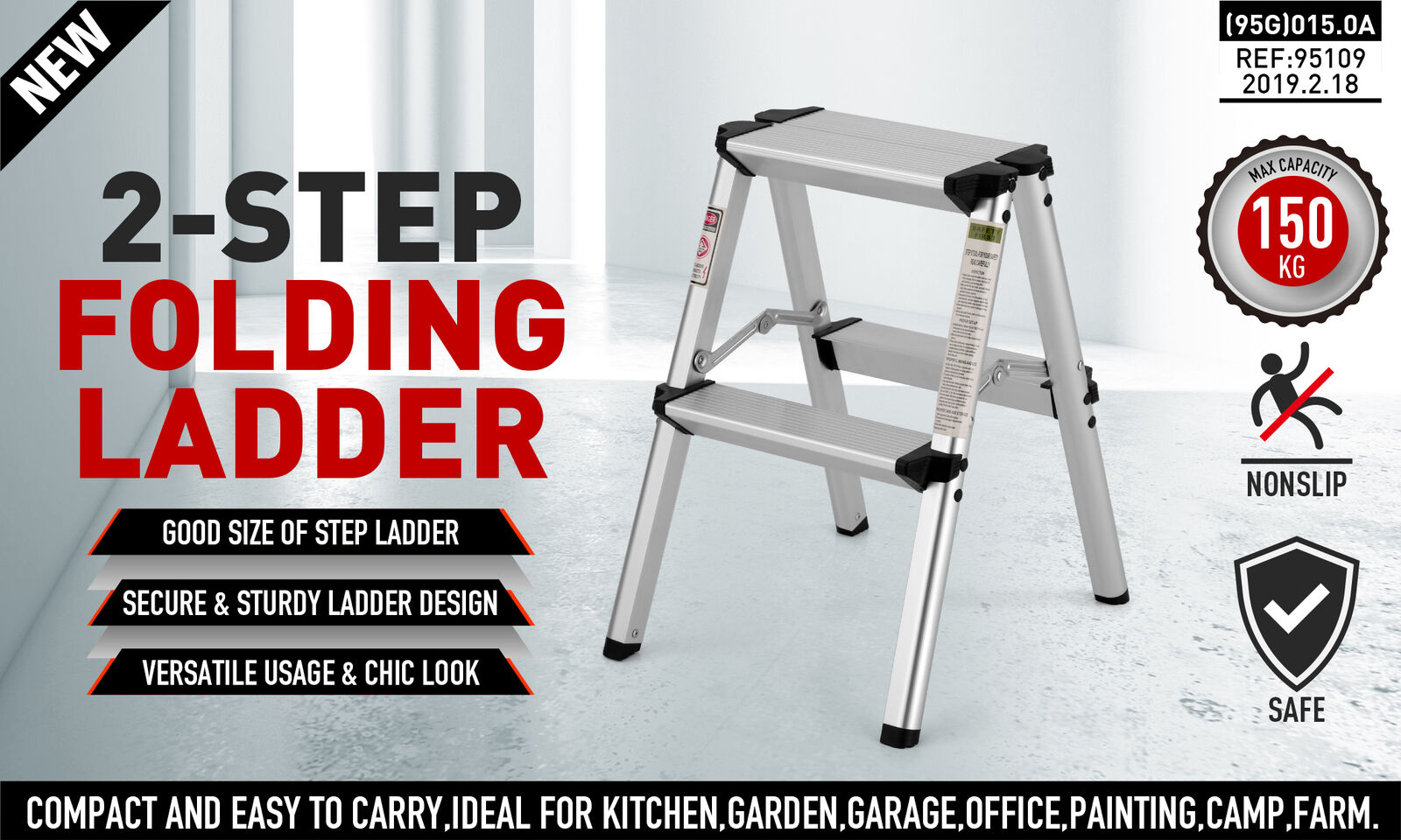 2-Step Portable Folding Ladder, Aluminum Frame Lightweight Home Ladder with Anti Slip Design, 150KG Capacity V465-95109